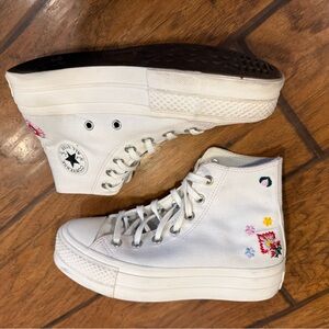 Converse All Star Floral Embroider Platform Lift High Top Sneaker Womens 6 white